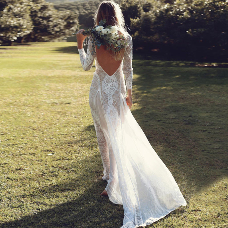 Fall Women Clothing Dress Long Sleeve Lace Chic Backless Mopping Wedding Dress Formal Dress
