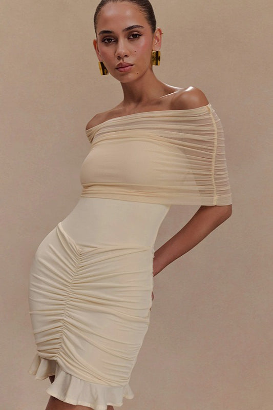 Ruffle Ruched Mesh Mini Dress
