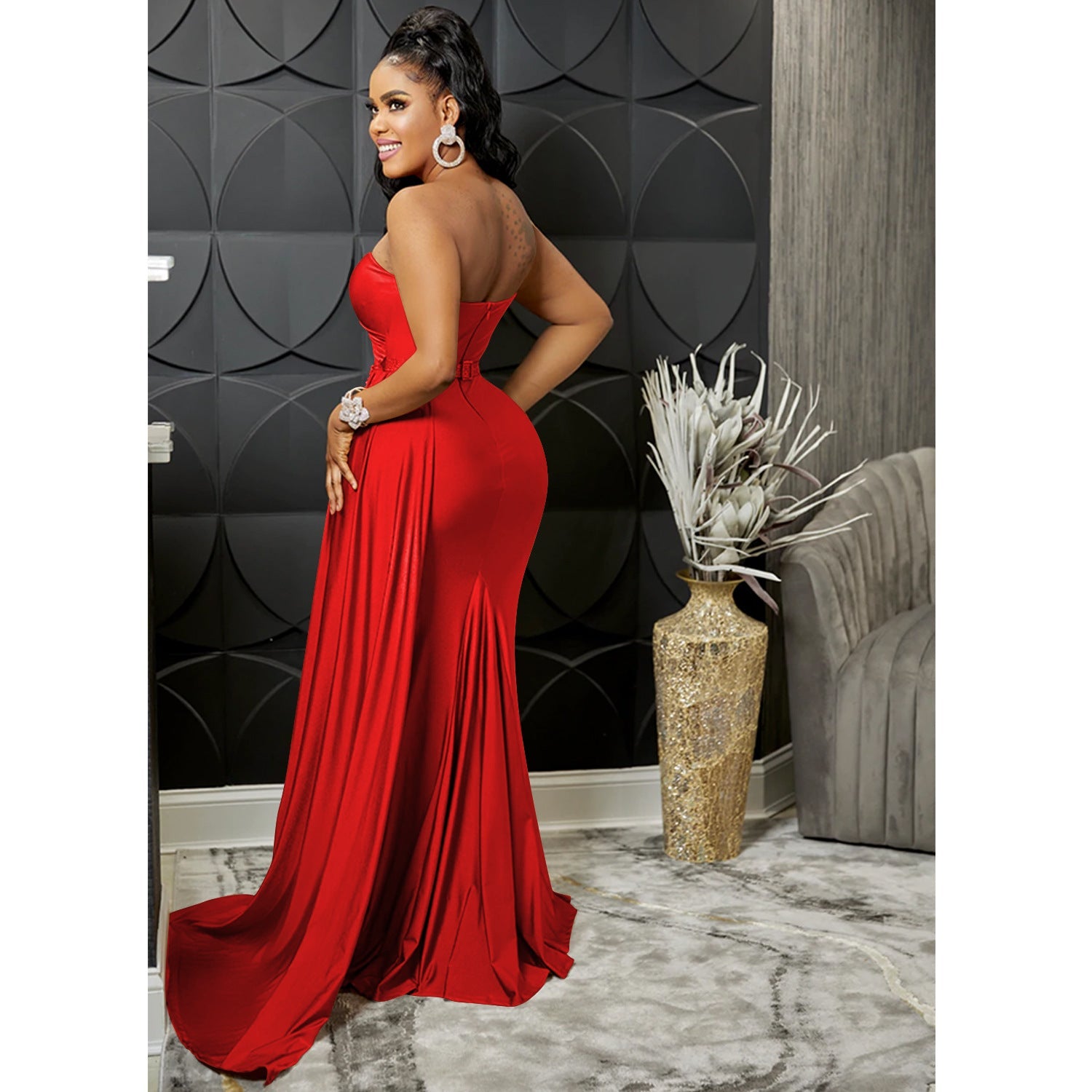 Solid Color Party Tight One Shoulder Sleeved Dress Maxi Dress Women