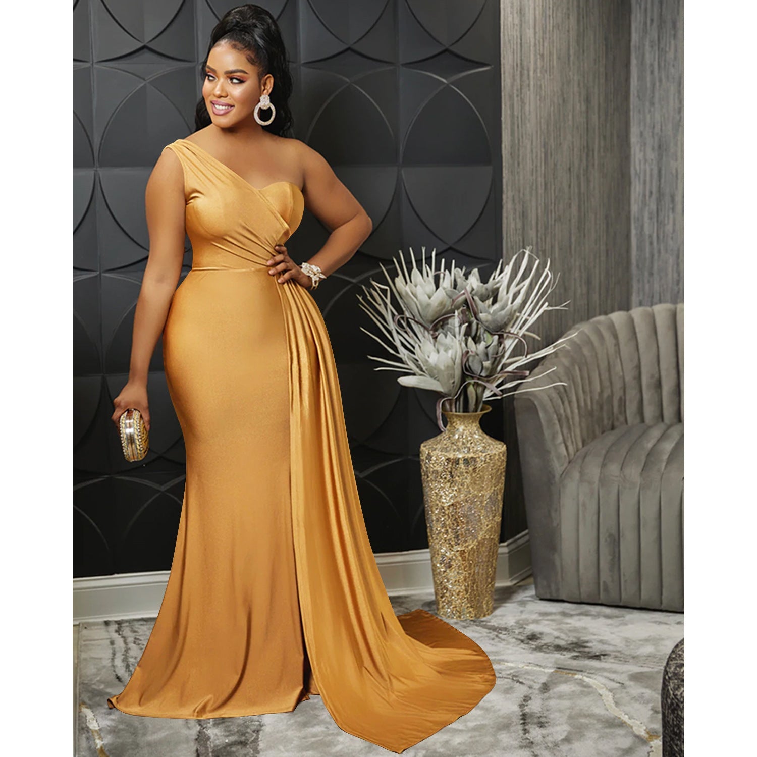 Solid Color Party Tight One Shoulder Sleeved Dress Maxi Dress Women