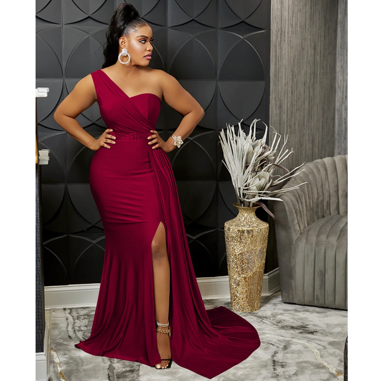Solid Color Party Tight One Shoulder Sleeved Dress Maxi Dress Women