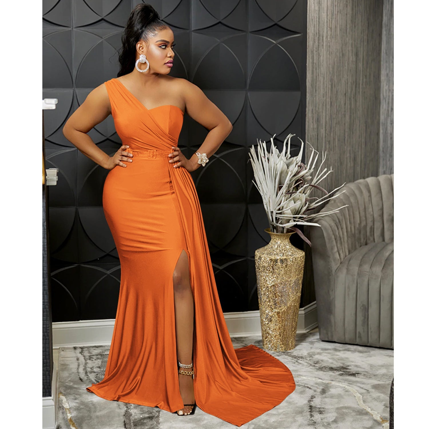 Solid Color Party Tight One Shoulder Sleeved Dress Maxi Dress Women