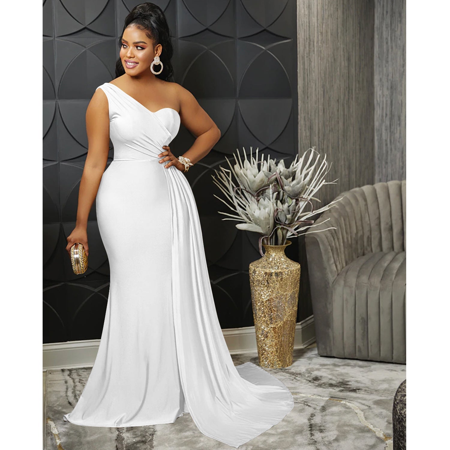 Solid Color Party Tight One Shoulder Sleeved Dress Maxi Dress Women
