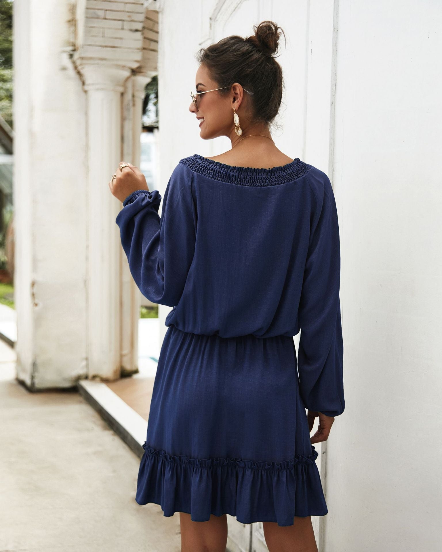 Textured Paros Satin Balloon Sleeve Dress Navy