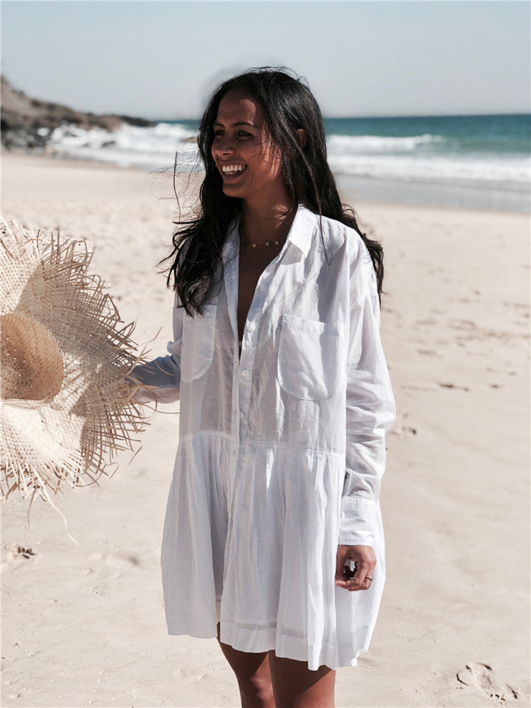 Cotton Dodie Pocketed Puff Sleeve Babydoll Dress White