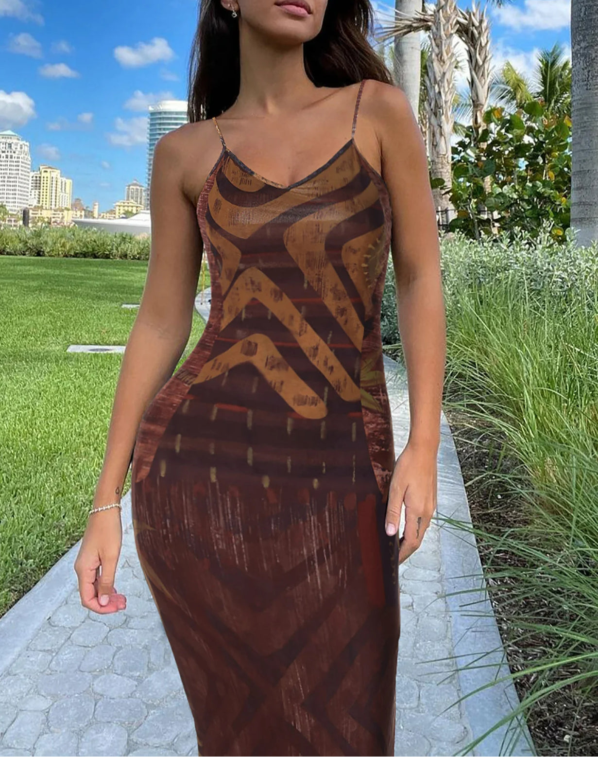 Backless Printed Strap Midi Dress