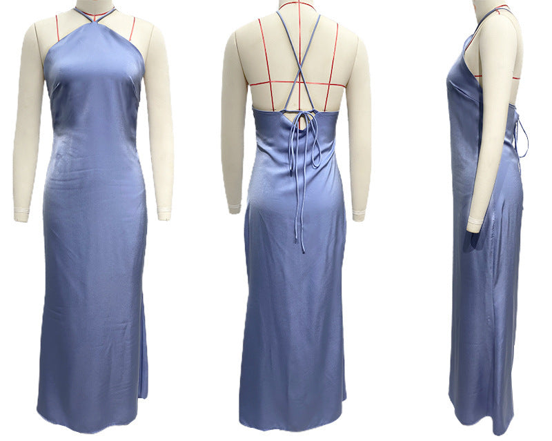 Color Solid Slim Fit Backless Halter Tight Dress