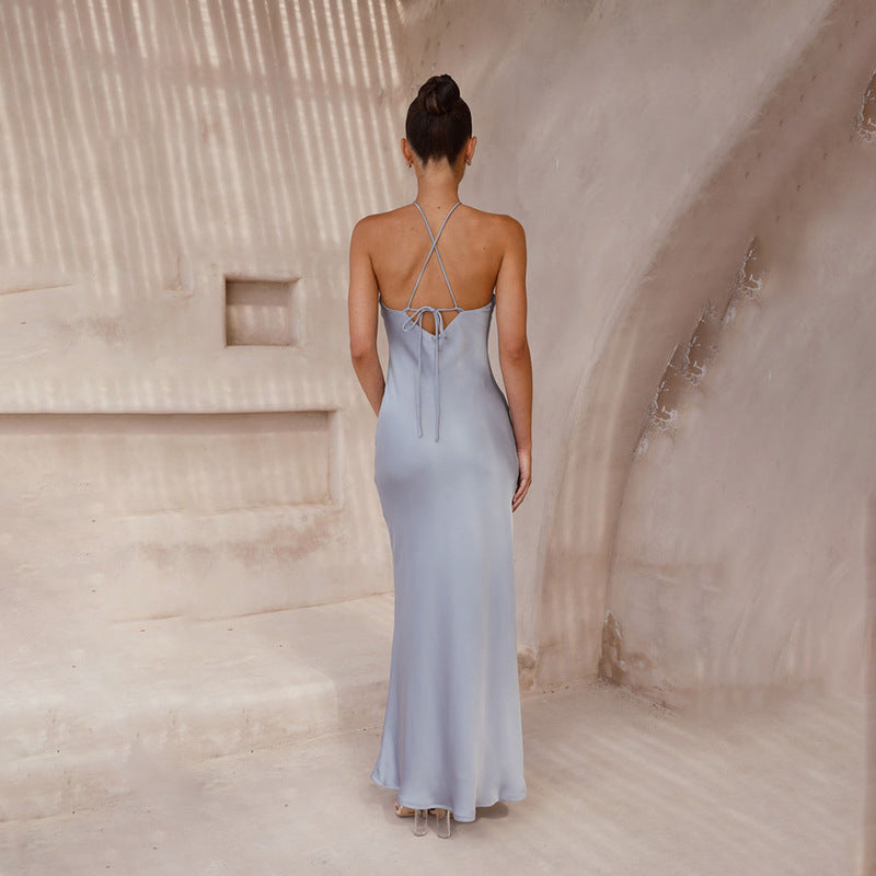 Color Solid Slim Fit Backless Halter Tight Dress
