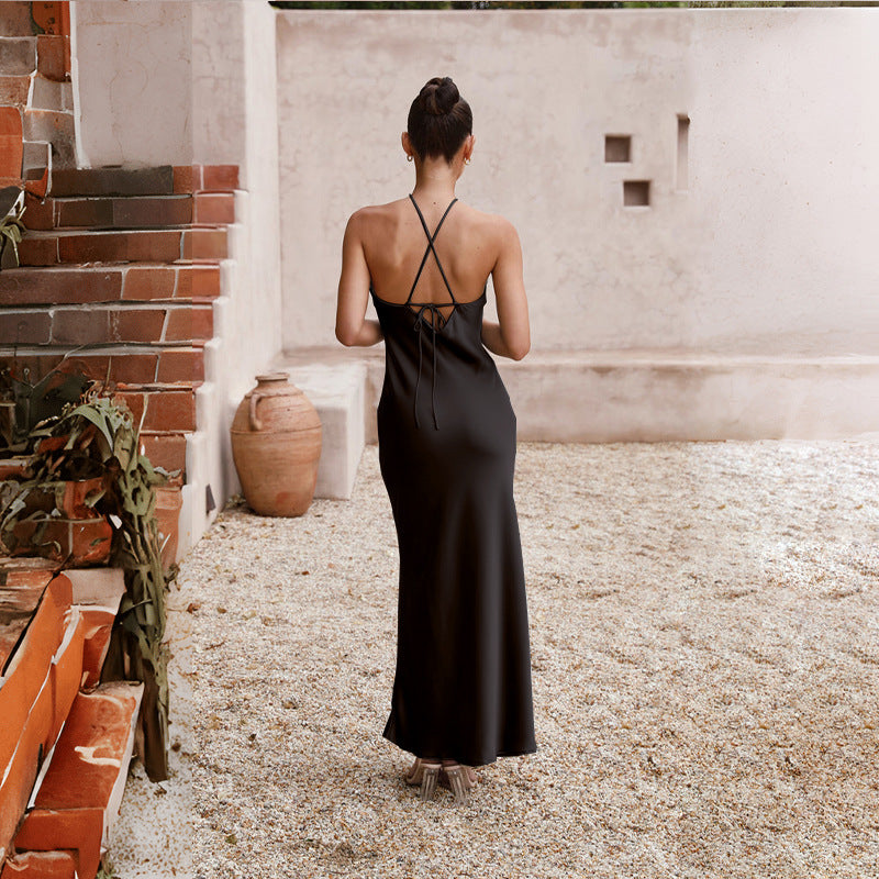 Color Solid Slim Fit Backless Halter Tight Dress