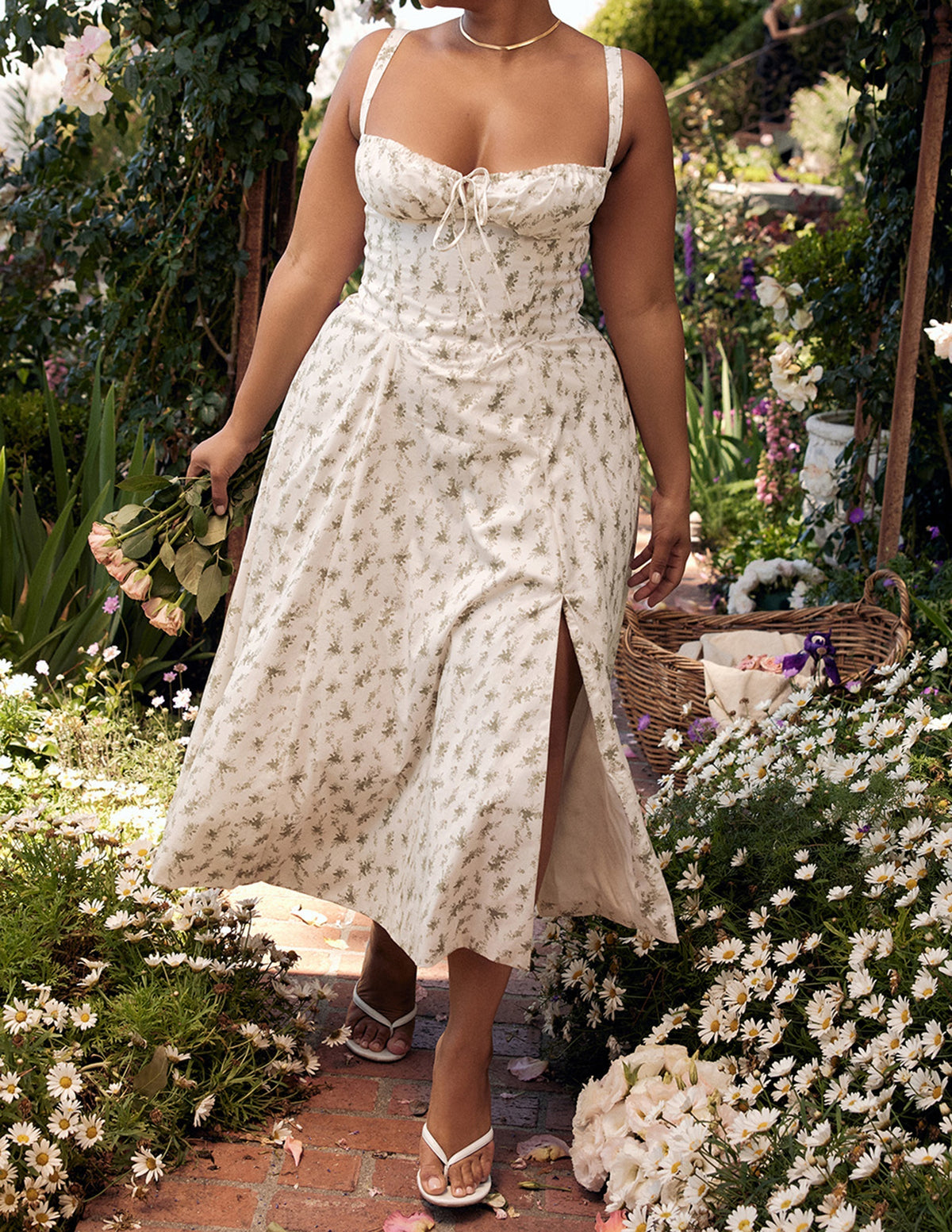 Print Rose Herringbone Slip Dress