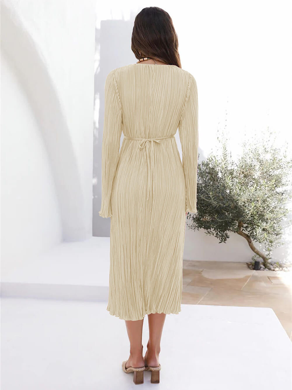 Vistas Mountain Draped Pleated Bell Sleeve Midi Dress