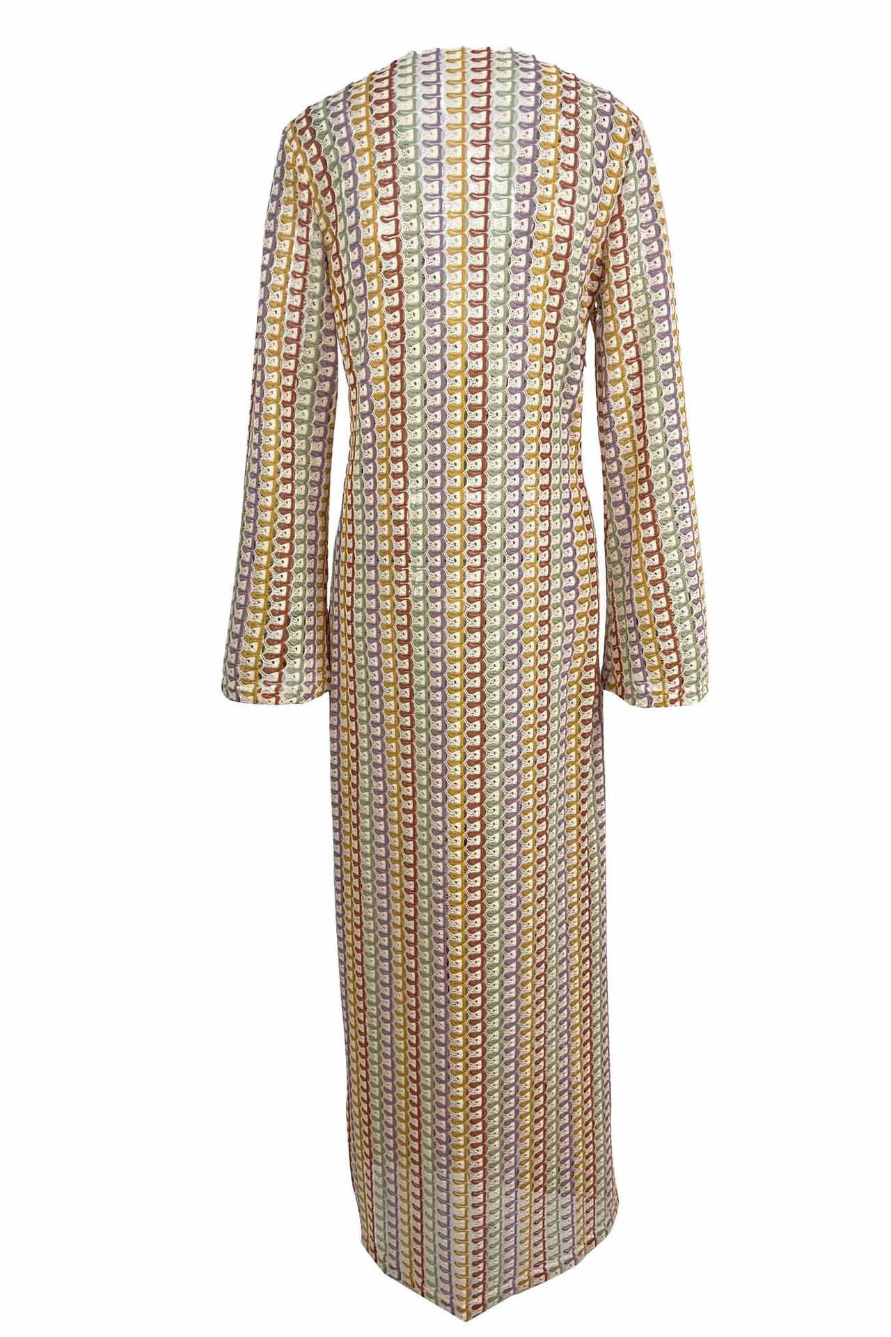 Pilar Chic Boho V Neck Bell Sleeve Maxi Dress, Wavy Striped Crochet Beach Holiday Dress Evening Wear Edit