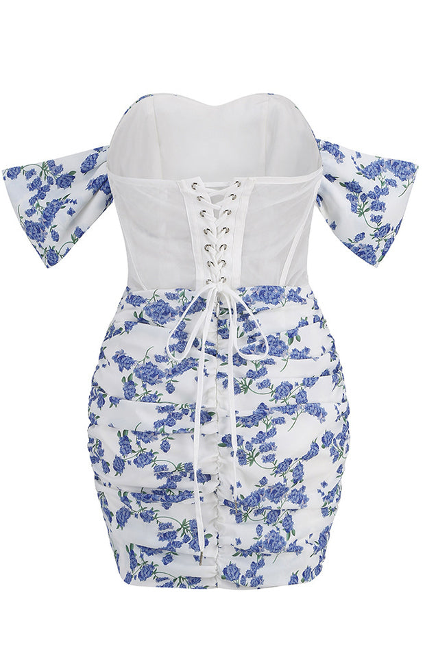 Blue Print Ruched Bloom Mini Dress