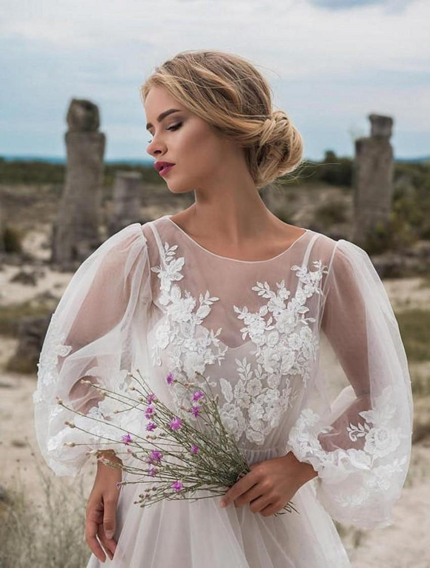Women Round Neck Puff Sleeved Mesh Embroidery Dress Wedding Dress