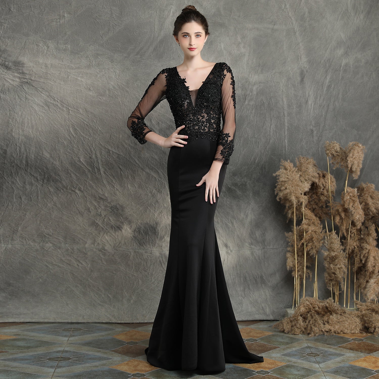 Handmade Applique Beaded Toast Dress Bride Extended Long Sleeve Appreciation Dinner Fishtail Wedding Evening Dress Formal Gown