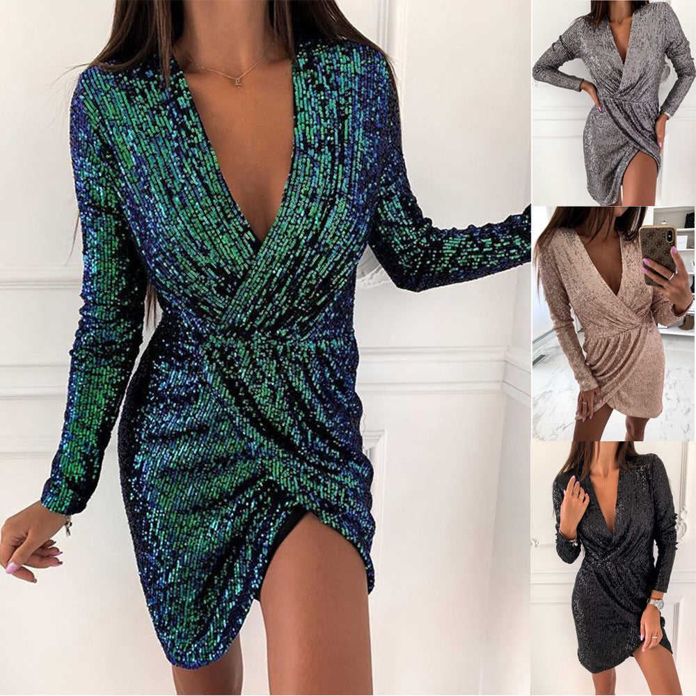 Dress Beaded Long Sleeve V neck Mini Dress
