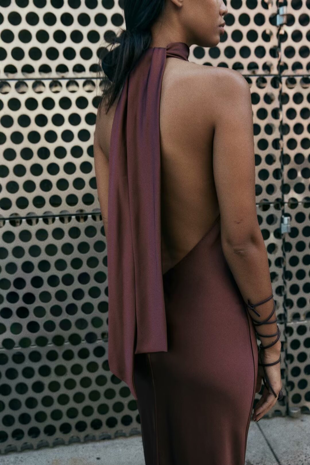 Women Clothing Autumn Winter Hanging Collar Silk Satin Texture Maxi Dress