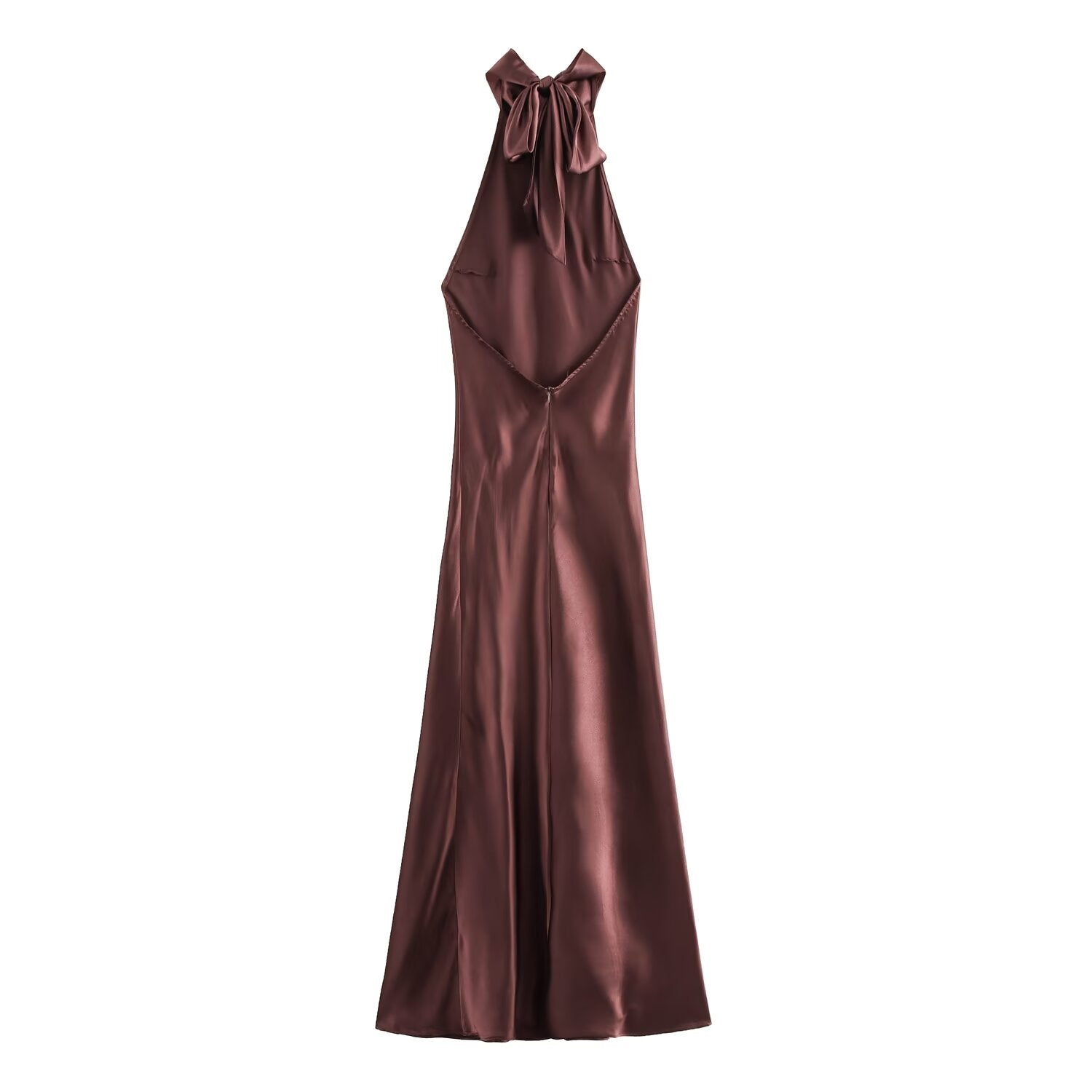 Women Clothing Autumn Winter Hanging Collar Silk Satin Texture Maxi Dress