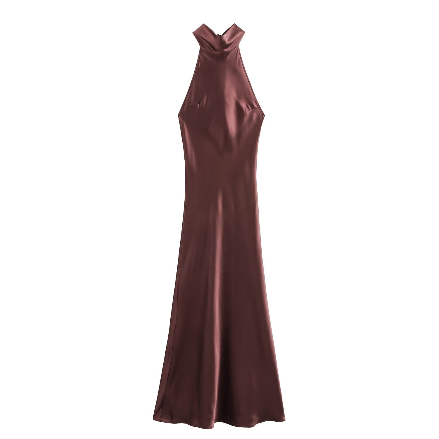 Women Clothing Autumn Winter Hanging Collar Silk Satin Texture Maxi Dress
