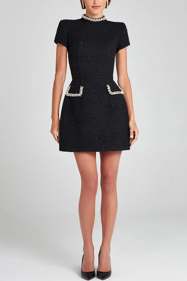 Timeless Leslie Exquisite and Playful Mini Dress Made of Tweed Fabric with Beaded Trim, Short Sleeves and Pockets Elevated Occasion Wear