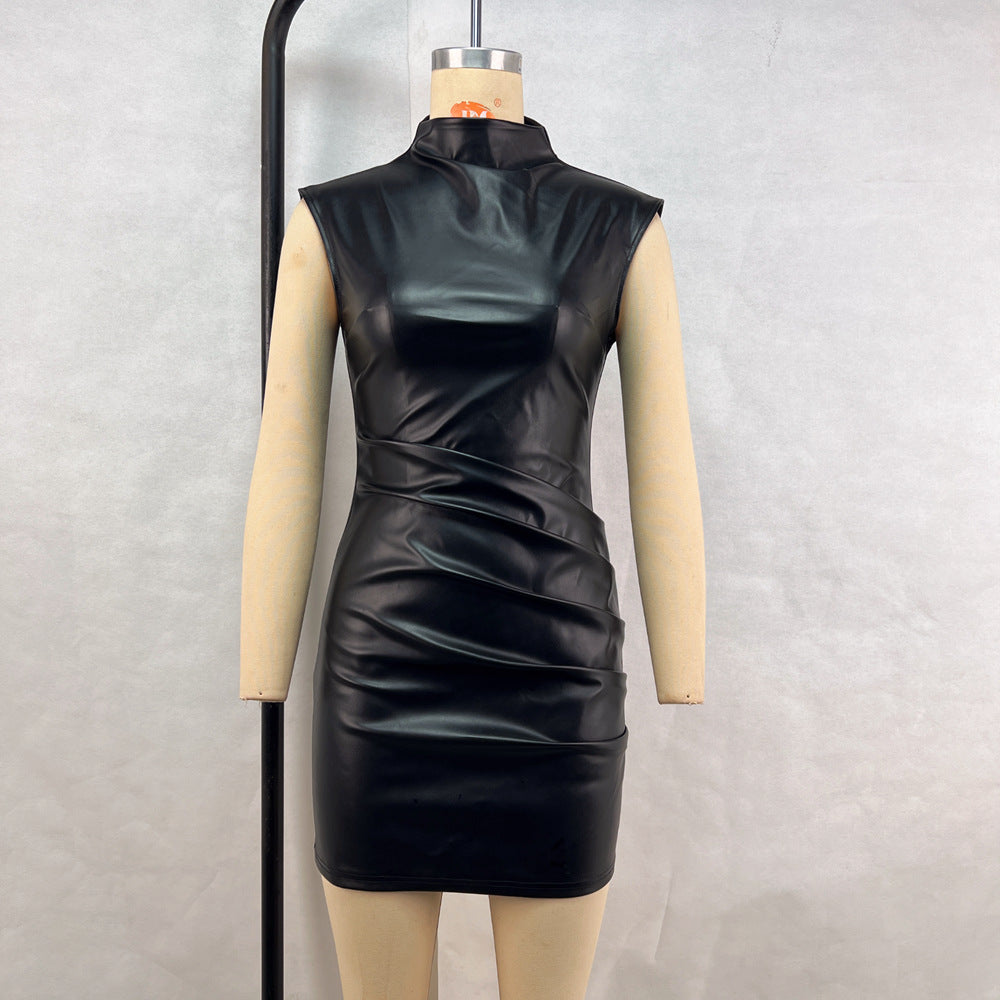 Hipster Street Faux Leather StCollar Sleeveless Oversleeve Sheath Pleated Dress