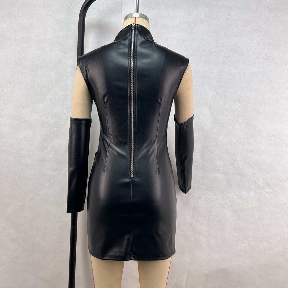 Hipster Street Faux Leather StCollar Sleeveless Oversleeve Sheath Pleated Dress