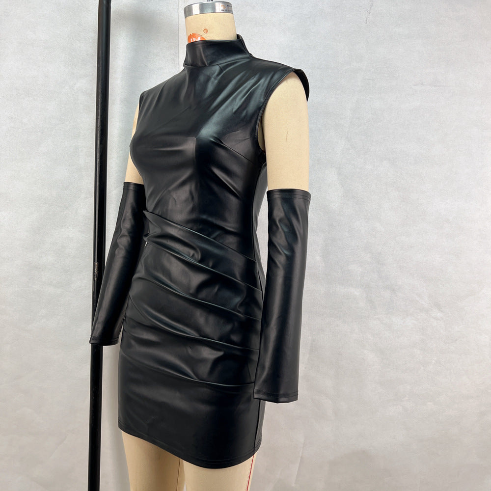 Hipster Street Faux Leather StCollar Sleeveless Oversleeve Sheath Pleated Dress