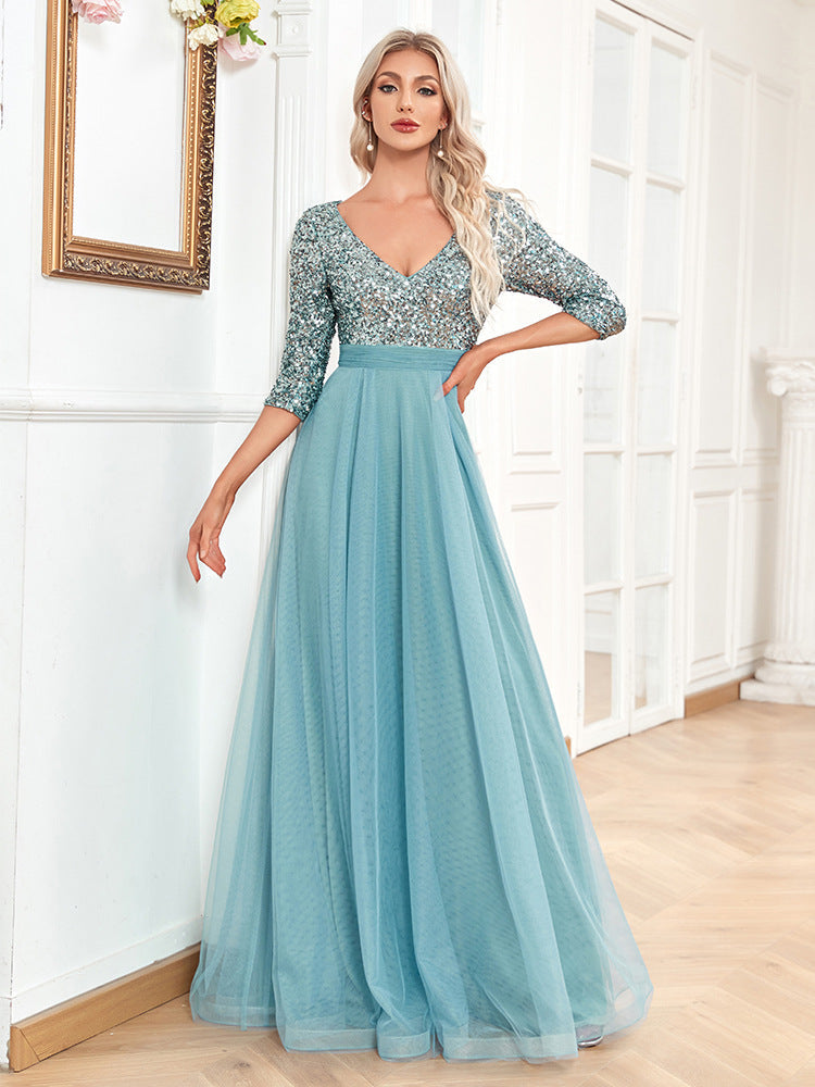 V neck Short Sleeve Sequined Tulle A line Floor Graceful Prom Evening Party Dress