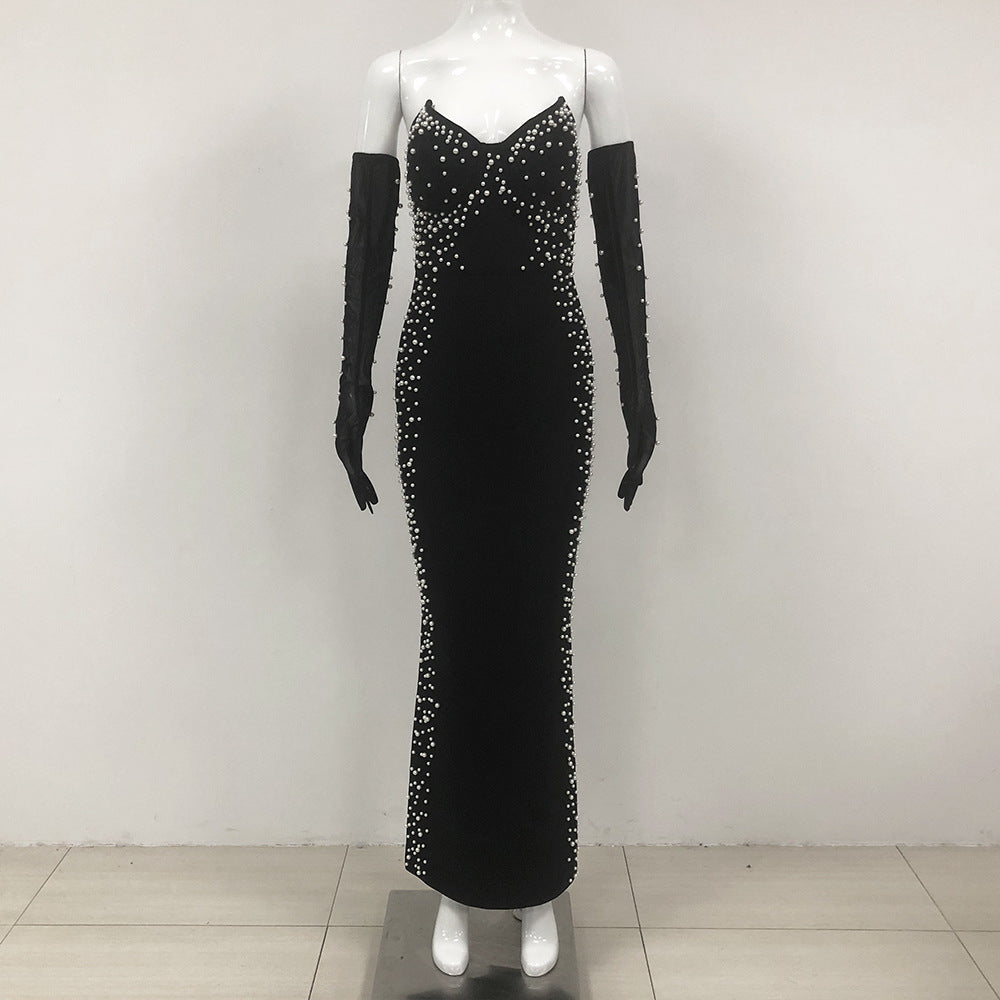Decoration Pearl Socialite Tube Top Bandage Dress