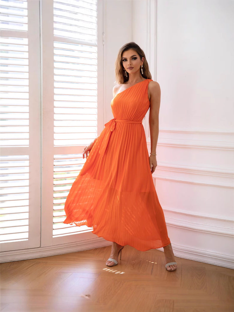 Graceful Collarless One Shoulder Party Dress Chiffon Pleated Waist Dress
