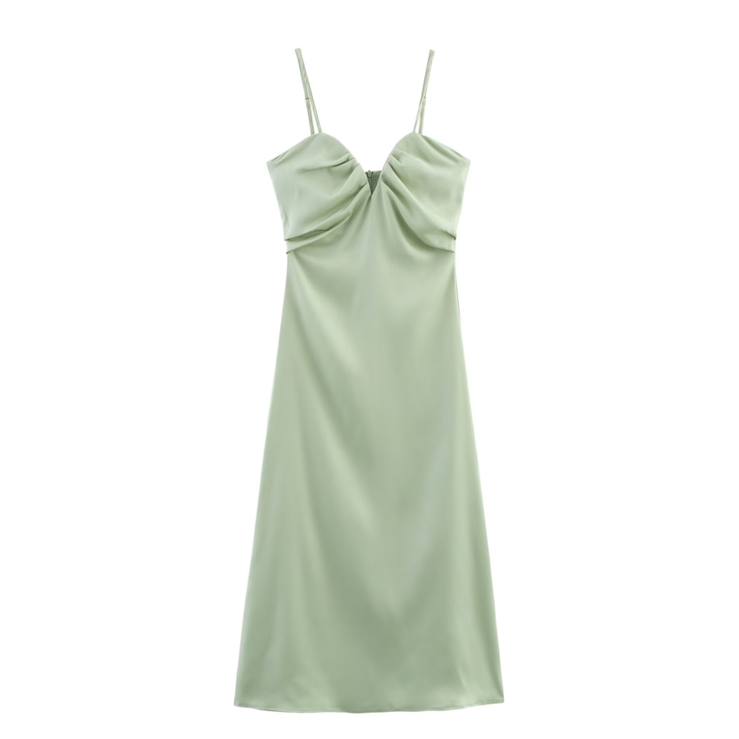 Clothing Women Spring Heart Shaped Collar Silk Satin Texture Midi Dress
