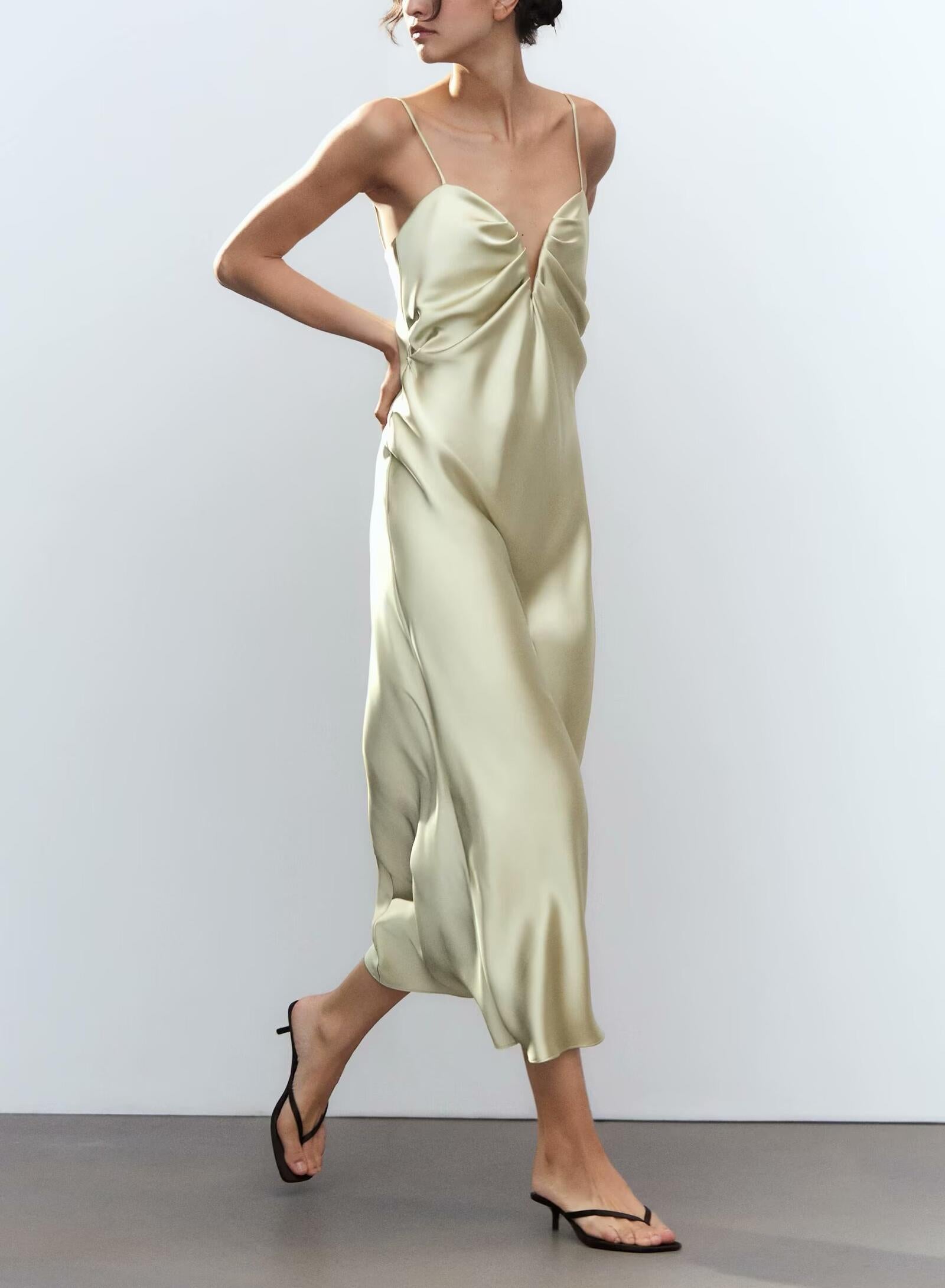 Clothing Women Spring Heart Shaped Collar Silk Satin Texture Midi Dress