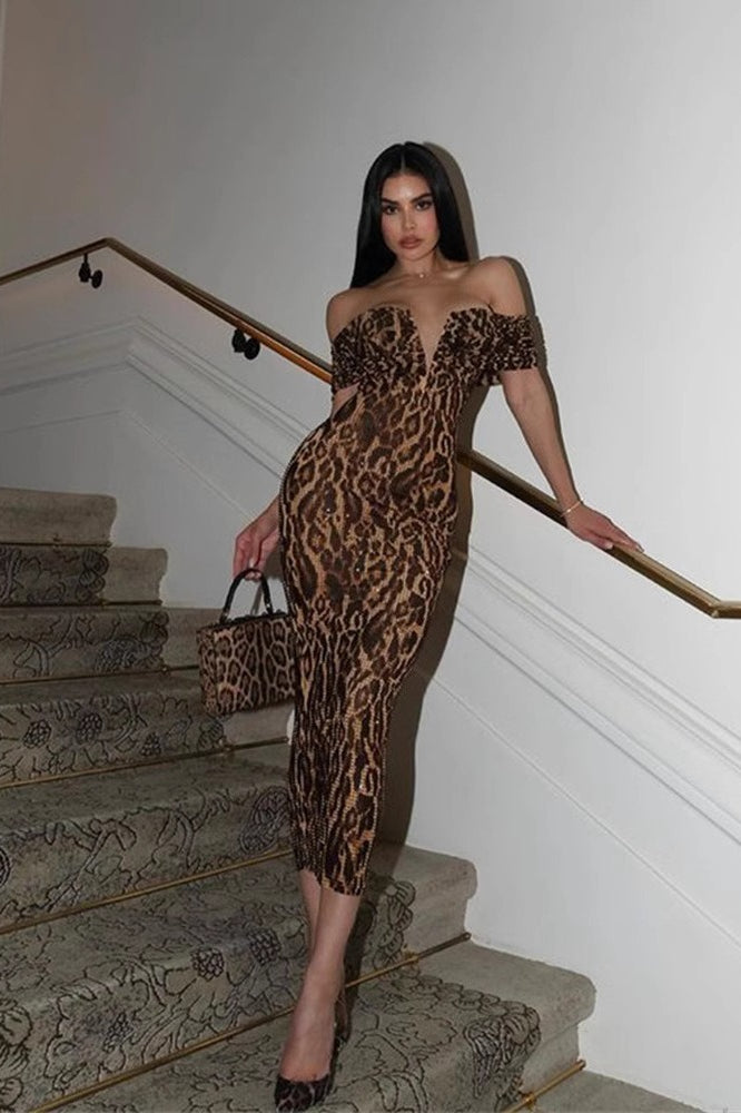 Neck V Off Shoulder Sequin Midi Dress