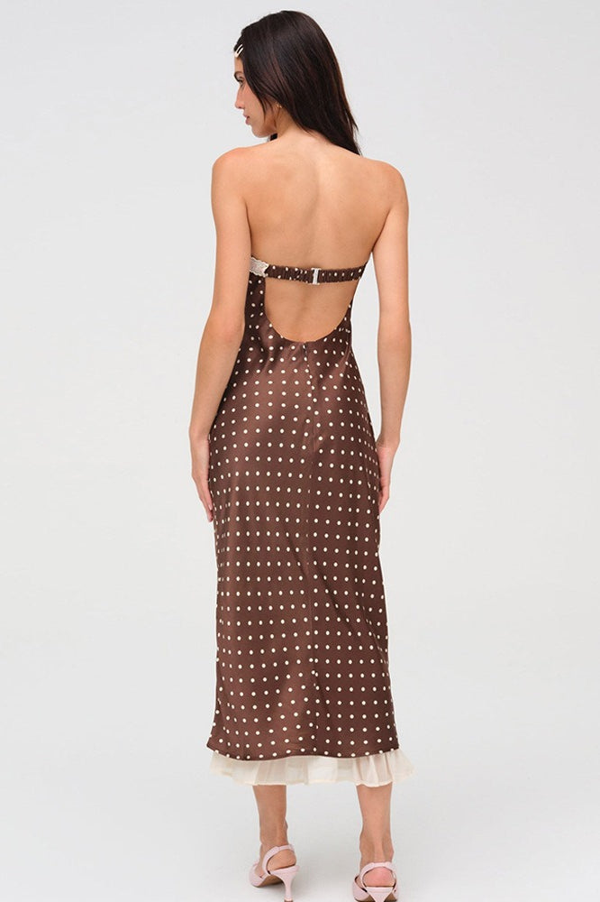 Satin Edition Polka Dot Strapless Backless Maxi Dress