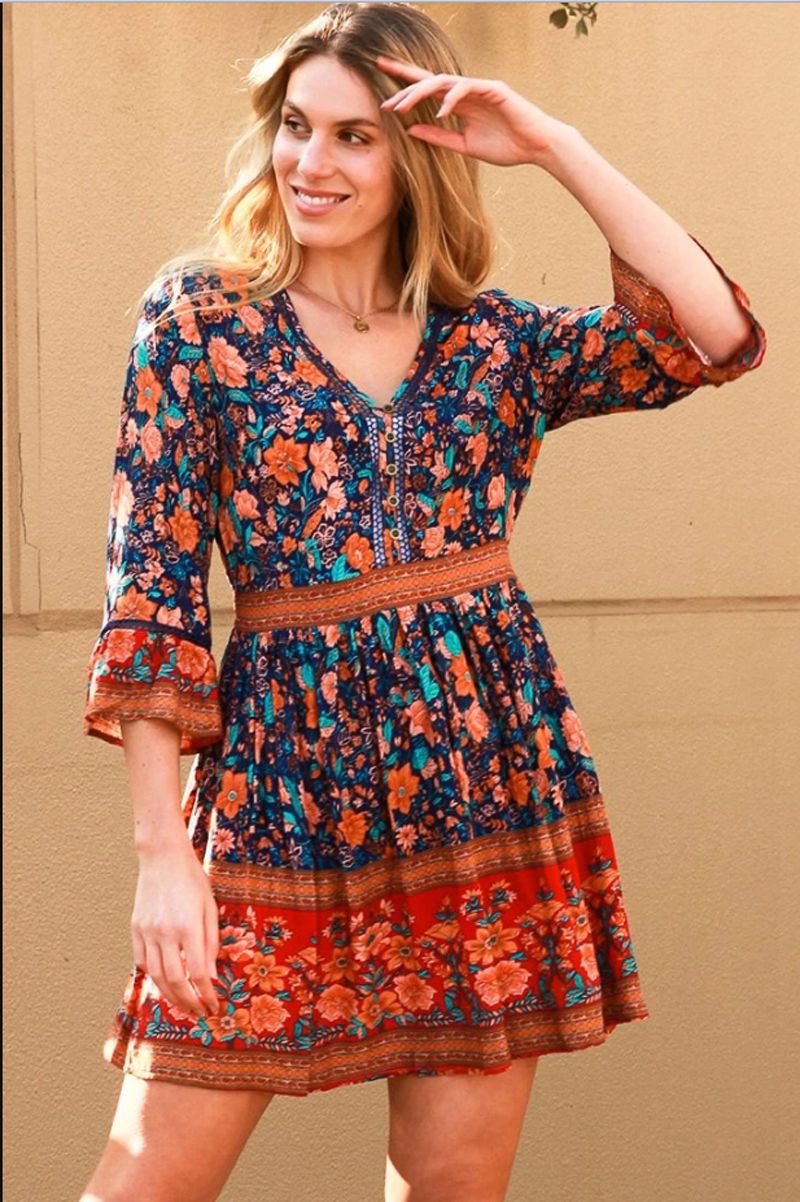 Printed Deshon Button Down Tassel Dress Orange