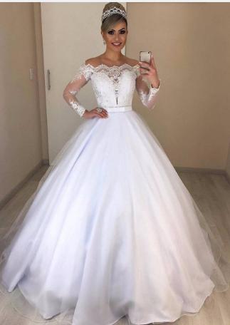 Open Shoulder V neck Slim Fit Puffy Trailing Wedding Dress Lace Dress