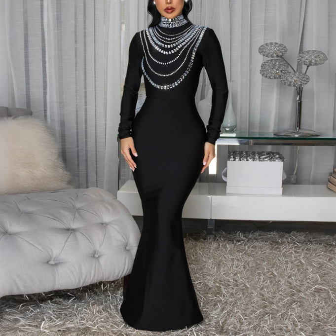 Rhinestone Slim Turtleneck Hip Bag Maxi Dress Women