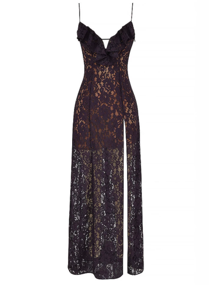 Lace Deep V Plunge Strap Dress Summer Sleeveless Slit Alluring Midi Dress