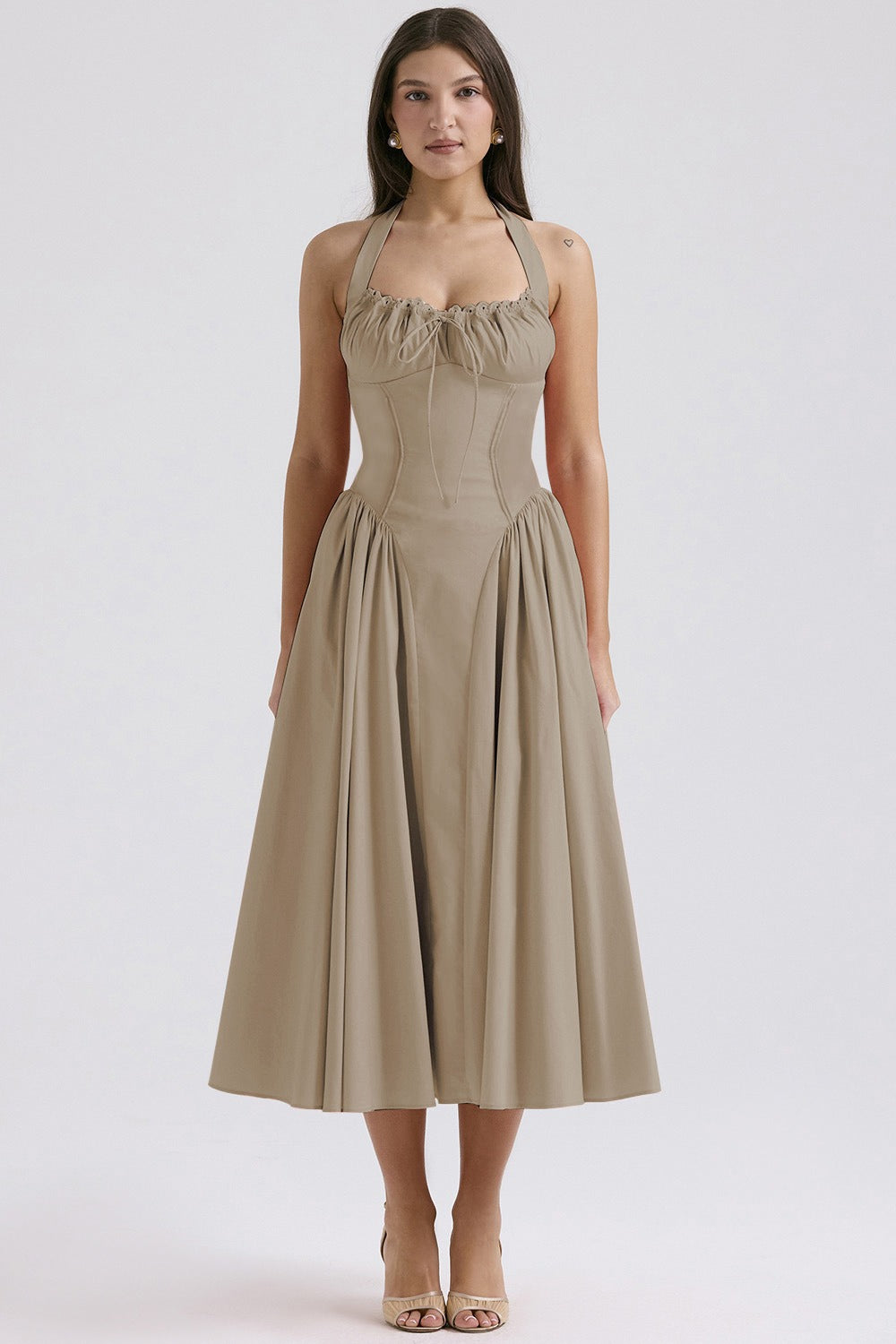 Flower Halter Lace Trim Long Sleeveless Prom Dress