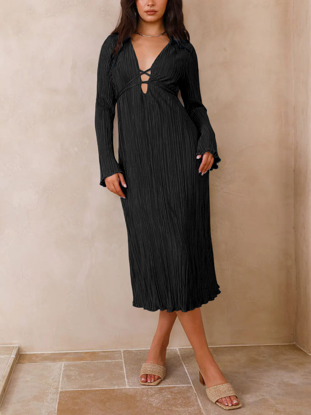 Vistas Mountain Draped Pleated Bell Sleeve Midi Dress