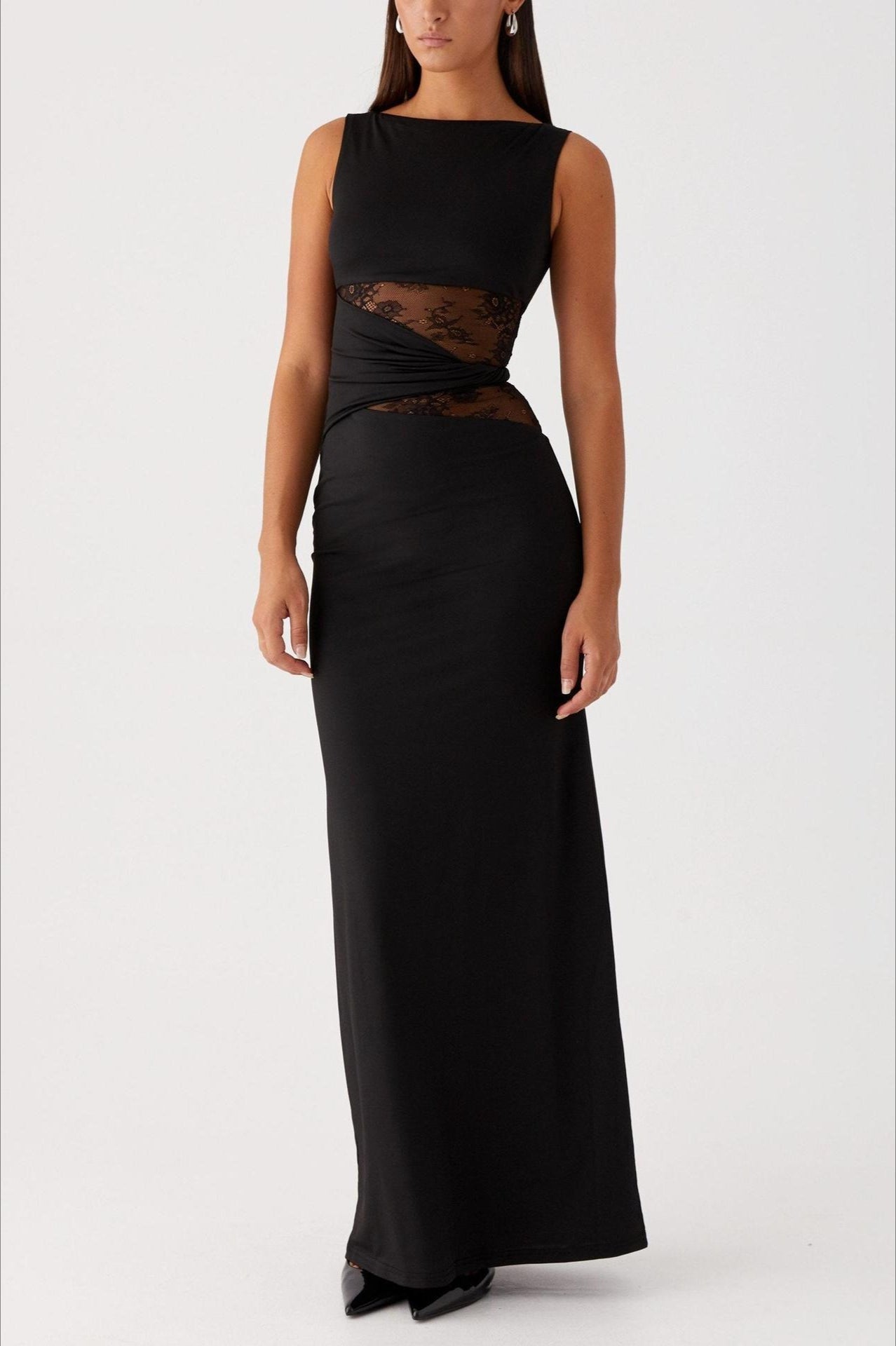 Shaped Sheer Lace Paneled Maxi Lace Dress