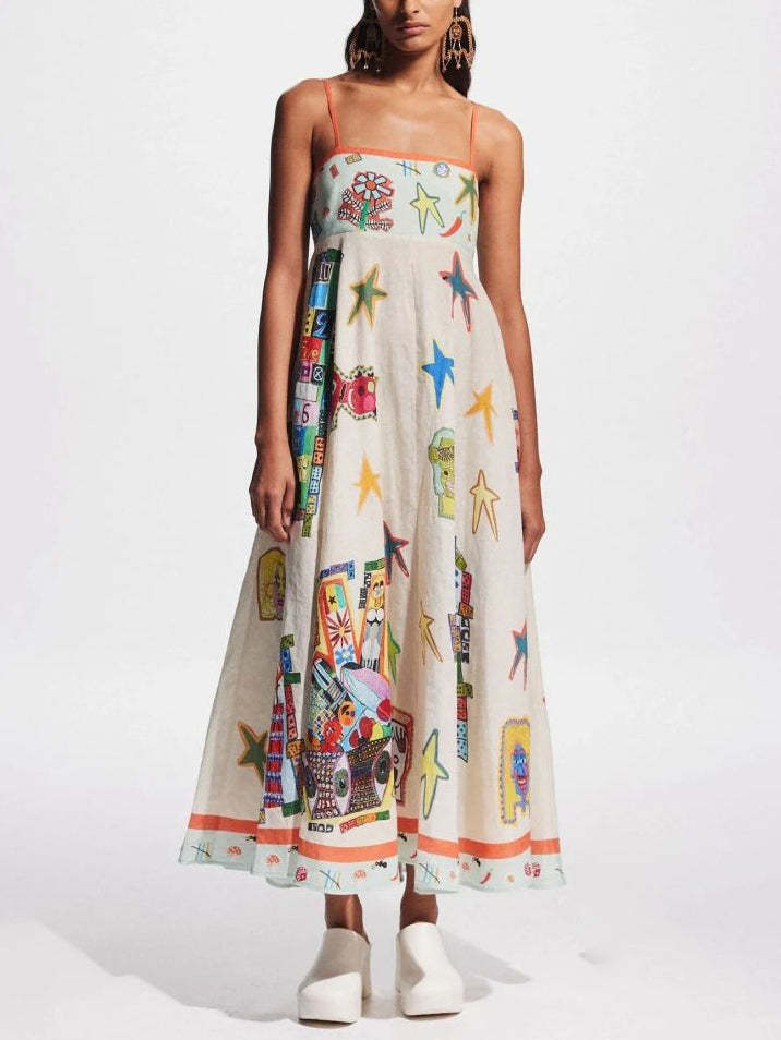 Graffiti Unique Print Suspenders Long Swing Midi Dress