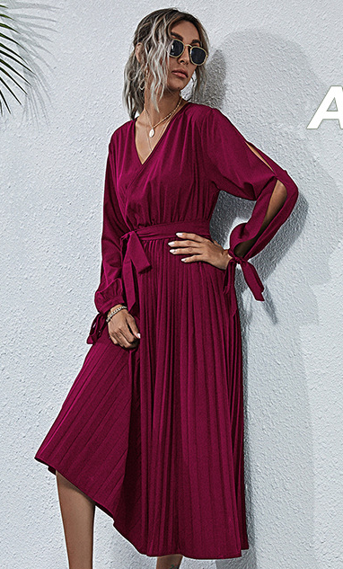Satin Josefa Pleated Midi Dress Wine FINAL