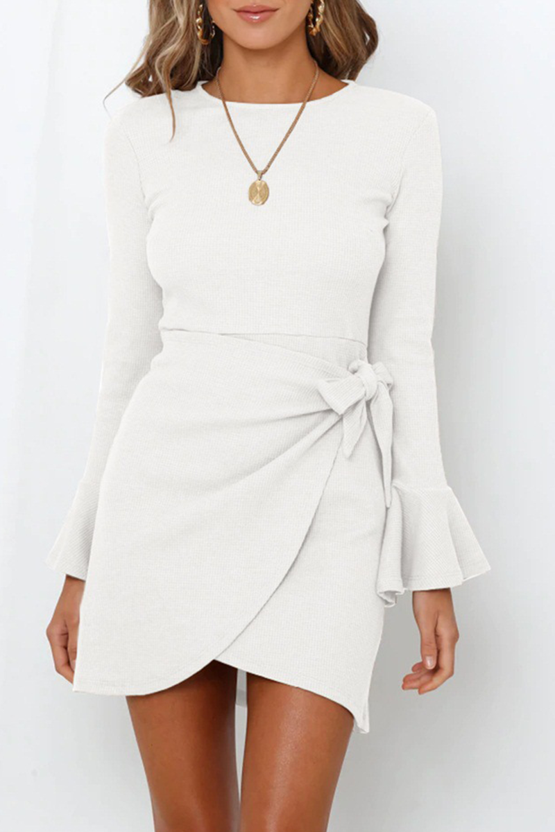 Amelia Effortless Relaxed Long Sleeve Round Neck Ruffle Mini Dress Elevated Occasion Wear