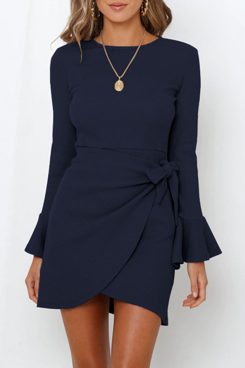 Amelia Effortless Relaxed Long Sleeve Round Neck Ruffle Mini Dress Elevated Occasion Wear