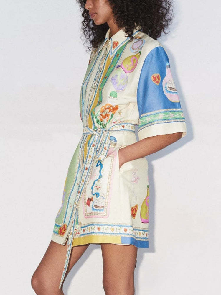 Exquisite Unique Oil Painting Print Lace Up Cardigan Mini Dress