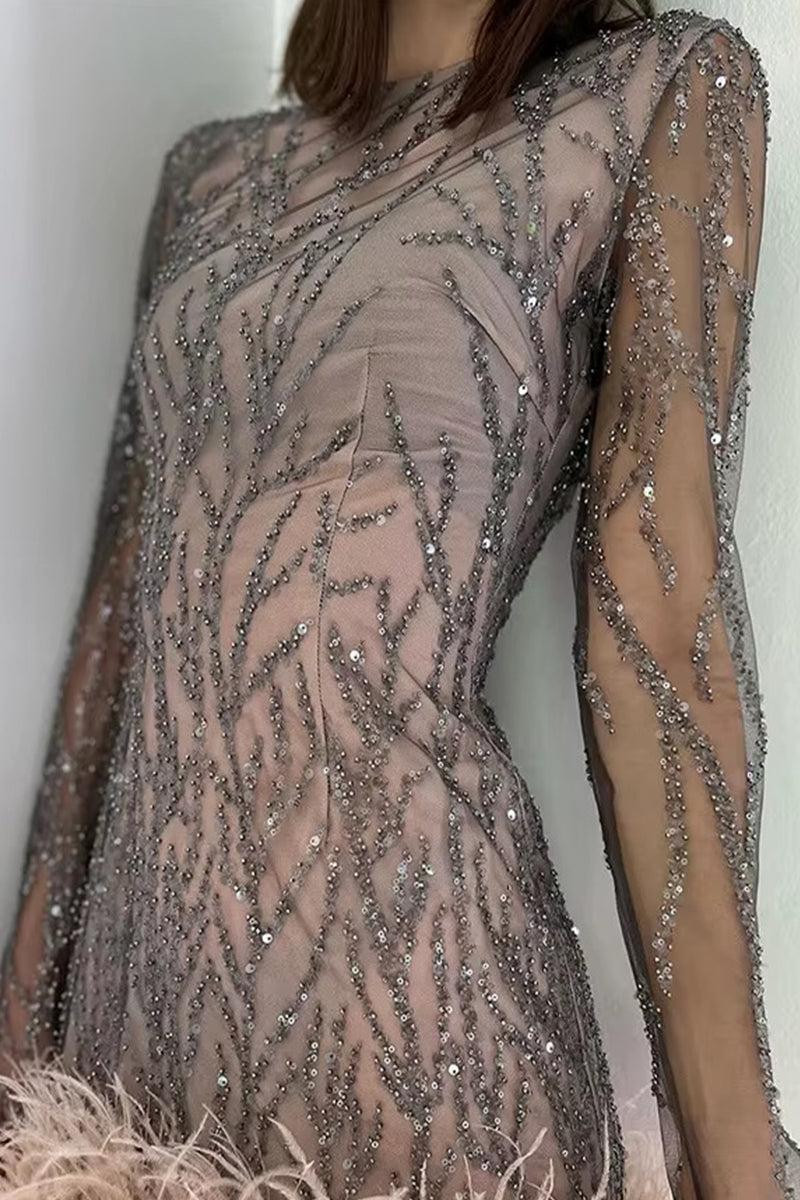 Elevated Elvira Mini Dresses with O Neck and Tinsel Feather Hem in Mesh Fabric Occasion Wear