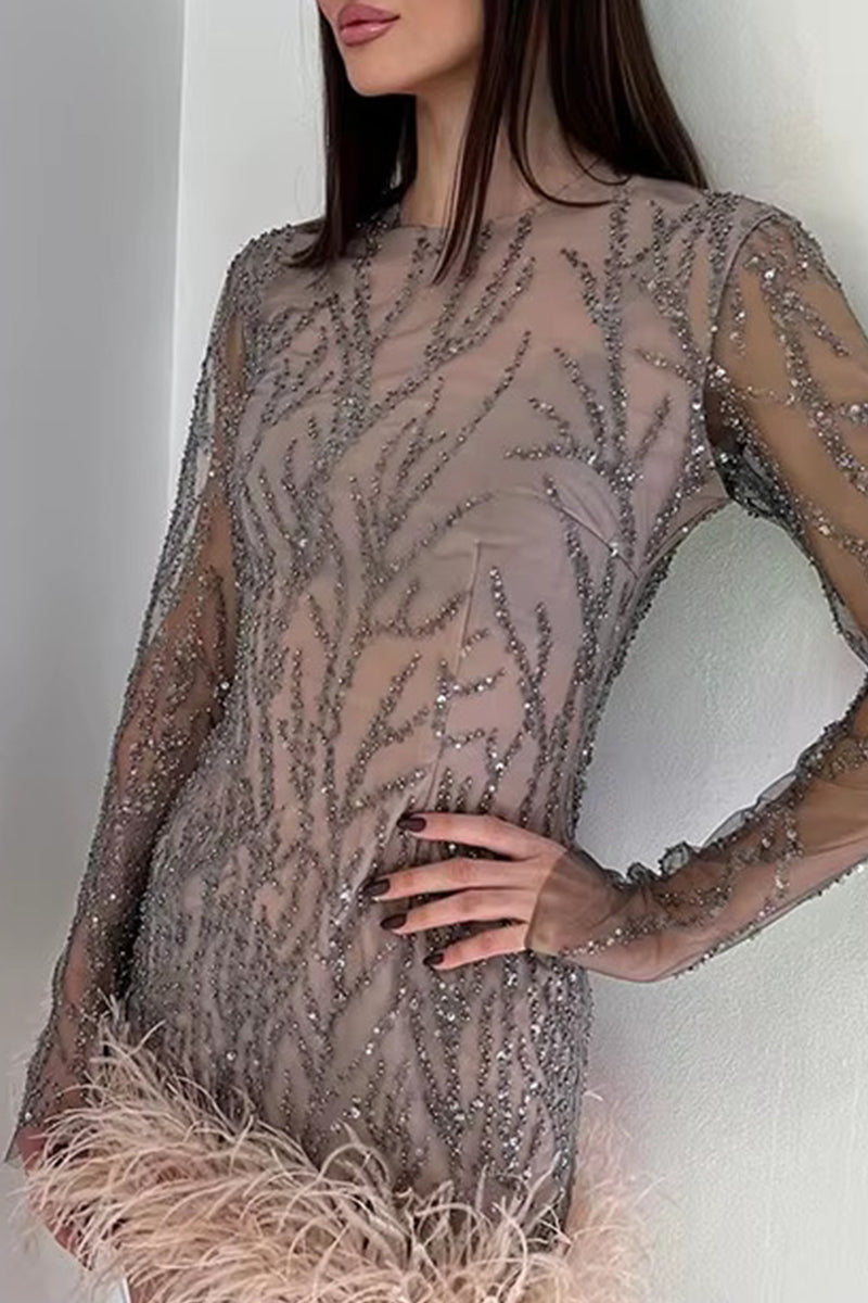 Elevated Elvira Mini Dresses with O Neck and Tinsel Feather Hem in Mesh Fabric Occasion Wear