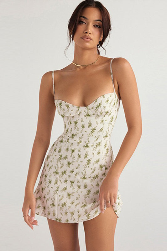 Plunging Flower A Line Mini Dress