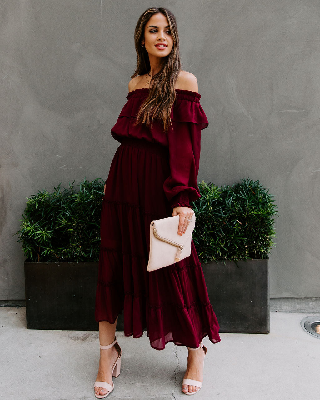 Off Alicia The Shoulder Tiered Midi Dress Burgundy